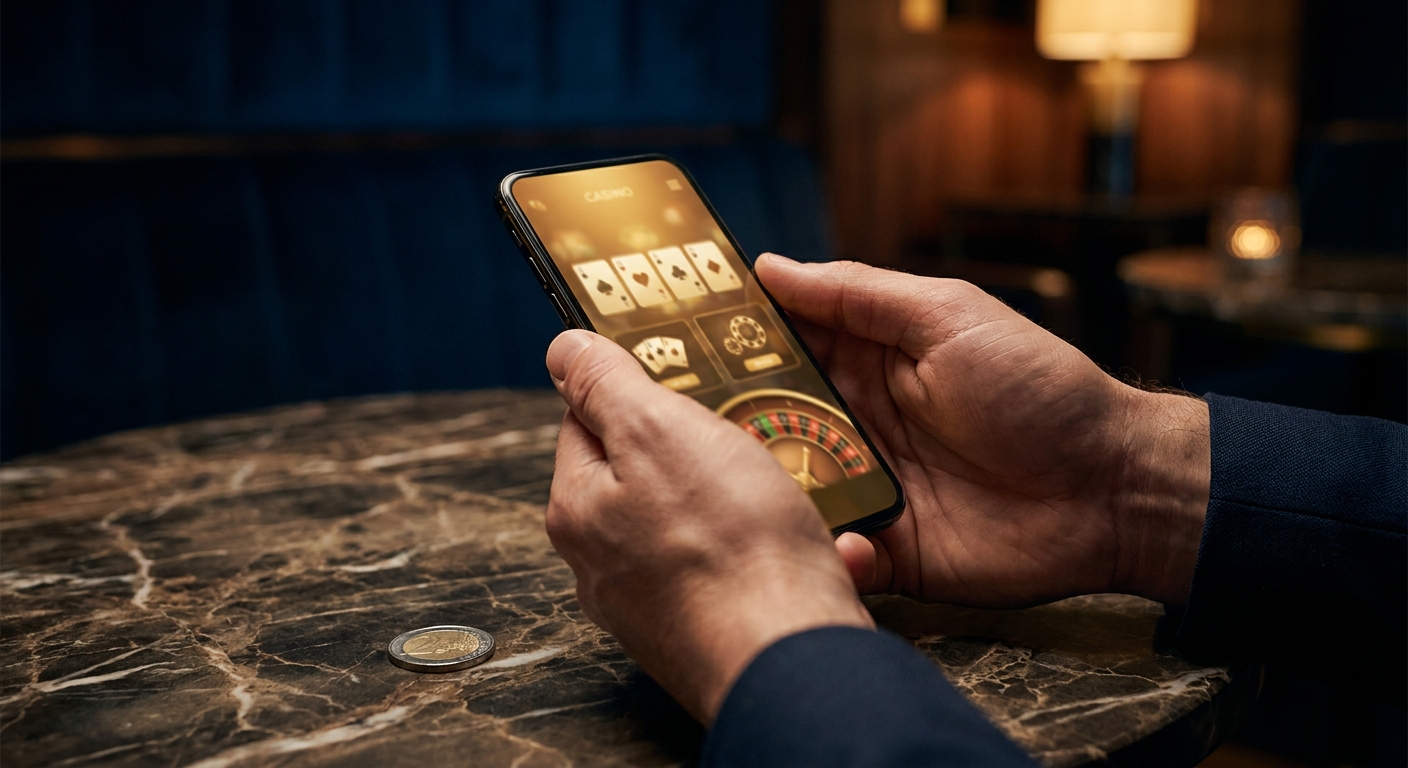 Smartphone con interfaccia casino online e moneta da un euro su superficie scura